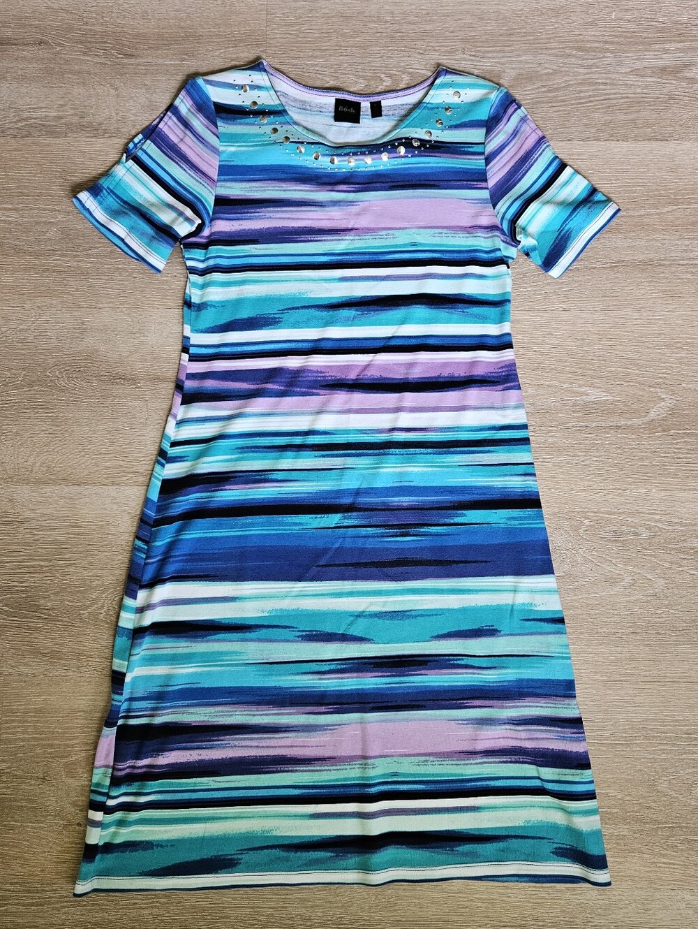 Rafaella Blue/Purple Multicolor Striped Short Sleeve Dress - Size Medium
